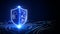 technology cybersecurity protection concept. There is a shield on the left. on the right there is an empty space. with a dark blue