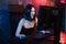 Technology, Gaming, Entertainment, Let`s play and people concept - Angry screaming young girl in headset with PC