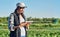 Technology helps make farming so much simpler. a young female farmer using a digital tablet while inspecting crops on