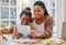 Technology helps make homework easier. a young mother and daughter using a digital tablet at home.