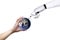 Technology human hand globe robot White background of Earth image provided by Nasa