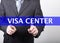 Technology, internet and networking concept - Businessman presses visa center button on virtual screens. Internet