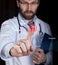 Technology, internet and networking in medicine concept - medical doctor presses lock button on virtual screens