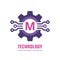 Technology Letter M - vector logo template concept illustration. Cogwheel gear abstract sign. Creative digital symbol. Mechanic