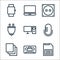 technology line icons. linear set. quality vector line set such as save, cassette, files, microphone, computer, plug, electric