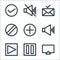 technology line icons. linear set. quality vector line set such as tv monitor, switch, play, sound, plus, caution, mail, silent