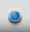 Technology music blue glow glossy button icon, volume settings, sound control vector knob with white plastic ring, scale.