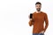 Technology, people and communication concept. Portrait of enthusiastic handsome bearded man, showing smartphone and