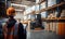 Technology Retail Warehouse. Back view Worker Doing Inventory Walks when Digitalization Process Analyzes Goods