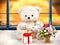 Teddy bear and basket with flowers on the background of sunset .The panoramic Windows.