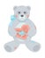 A teddy bear with a blue bow around his neck is holding a valentine card. Vector illustration. Valentine's Day. The 14th