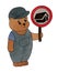 A teddy bear in a blue overalls and a blue cap holds a road sign with a tourist tent symbol