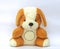 Teddy bear is brown and white, cute and straight with a circle for the message.