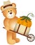 Teddy bear carrying pumpkin in wooden cart