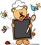 Teddy bear chef cook holding a blackboard menu in garden