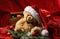 A teddy bear in a Christmas hat on red silk