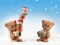 Teddy bear with christmas presents and snow. Christmas gifts and cute teddy bear 3d-illustration