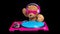 Teddy bear djing on turntables with headphones