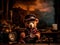 Teddy bear dressed in a steampunk outfit, steampunk, close-up, inside a cozy office, warm atmosphere. Generative AI