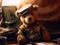 Teddy bear dressed in a steampunk outfit, steampunk, close-up, inside a cozy office, warm atmosphere. Generative AI