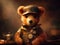 Teddy bear dressed in a steampunk outfit, steampunk, close-up, inside a cozy office, warm atmosphere. Generative AI