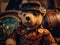 Teddy bear dressed in a steampunk outfit, steampunk, close-up, inside a cozy office, warm atmosphere. Generative AI