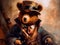 Teddy bear dressed in a steampunk outfit, steampunk, close-up, inside a cozy office, warm atmosphere. Generative AI