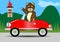 Teddy bear driving red car. Teddy bear traveling