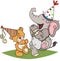 Teddy bear and elephant dancing in party