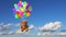 Teddy Bear Flies Away on Multicolored Balloons against Time-Lapse Sky Background, Beautiful 3d Animation. Ultra HD 4K