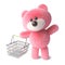 Teddy bear with fluffy pink fur carrying an empty shopping basket, 3d illustration