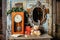 Teddy bear, gifts, books, vintage clock and mirror on a wooden background in the room decorated for Christmas. Holiday mood. Happy