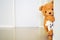 Teddy bear group standing behind the wall. Hide the secret of children. Background for Kids Games