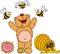 Teddy bear happy on garden with bees and honey