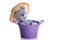 Teddy bear with hat in a purple bathtub