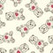 Teddy bear with heart shaped patch, hand drawn doodle sketch, seamless pattern design on soft yellow