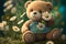 A teddy bear holding chamomile flowers in a field of chamomile flowers. Created with Generative AI
