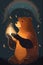 Teddy bear holding a mysterious light surrounded by stars and moons .