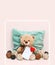 Teddy bear holding a notepad with a soft heart on light pink background with blue pillow and wicker decorative balls