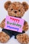 Teddy bear holding pink sign saying Happy Birthday Mommy