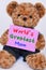 Teddy bear holding pink sign saying World`s Greatest Mom