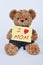 Teddy bear holding a yellow sign that says I love mom isolated on white background