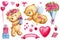 Teddy bear love set, Cupid, gift, roses flowers on isolated white background. Watercolor illustration, cute valentine