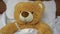 A teddy bear measures the temperature with a mercury thermometer. The bear lies in bed.