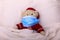 Teddy bear in a medical mask in the bed. Respiratory medicine. Children and illness COVID-2019 disease concept. Home quarantine at