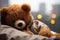 Teddy bear naps in isolation, raindrops dance outside, serene solitude