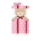 Teddy bear in pink gifts box background for Greeting card