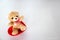 Teddy bear and pink hearts on white background, valentine`s day, advertising baner