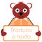 Teddy bear with placard, translate text, portuguese, isolated.