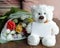 teddy bear with post card, your text, and red, yellow, lilac, white tulips